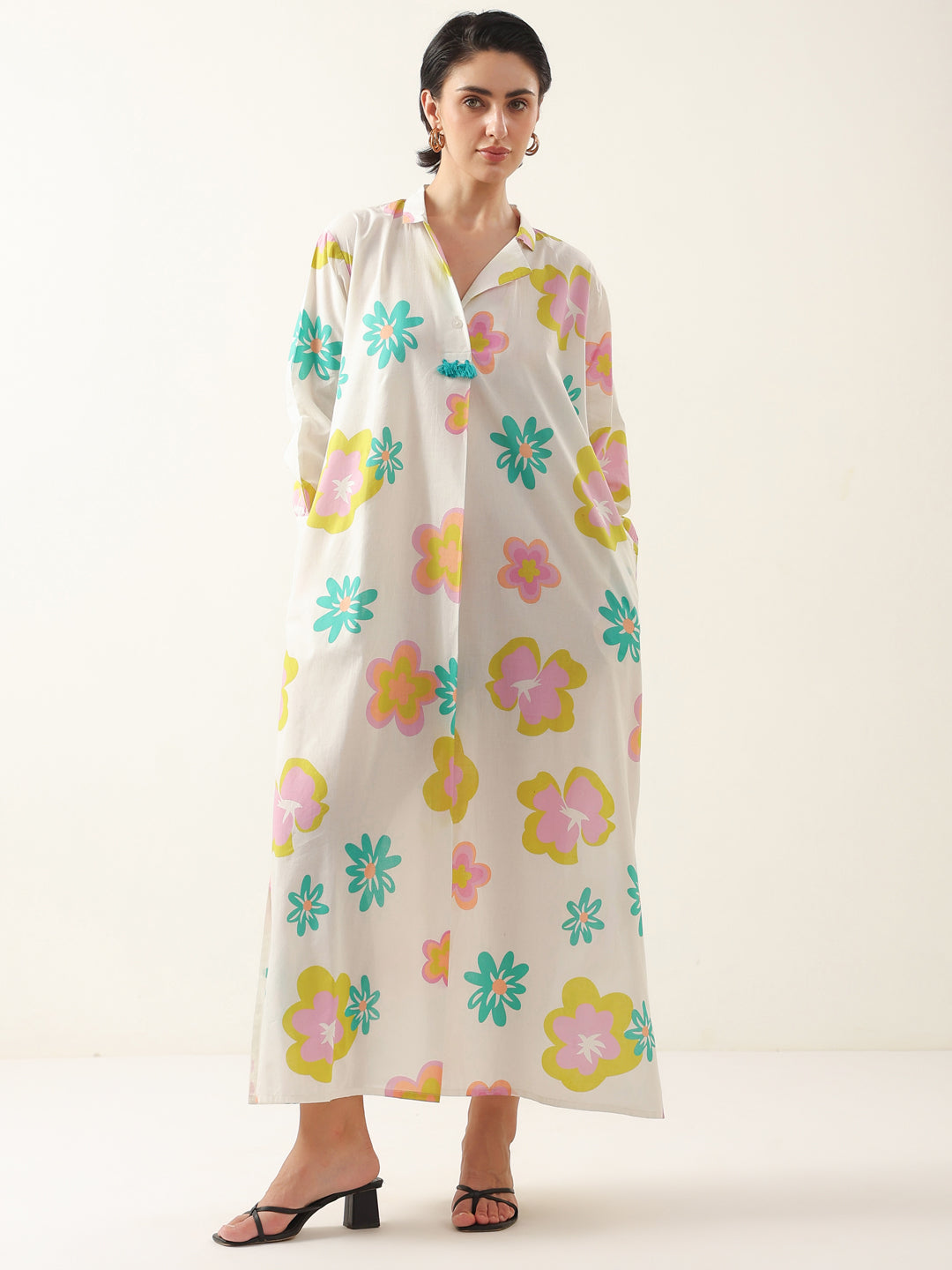 White Color Floral Shirt Collar Dress for Women