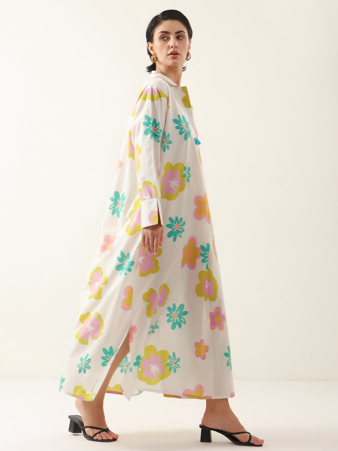 White Color Floral Shirt Collar Dress for Women