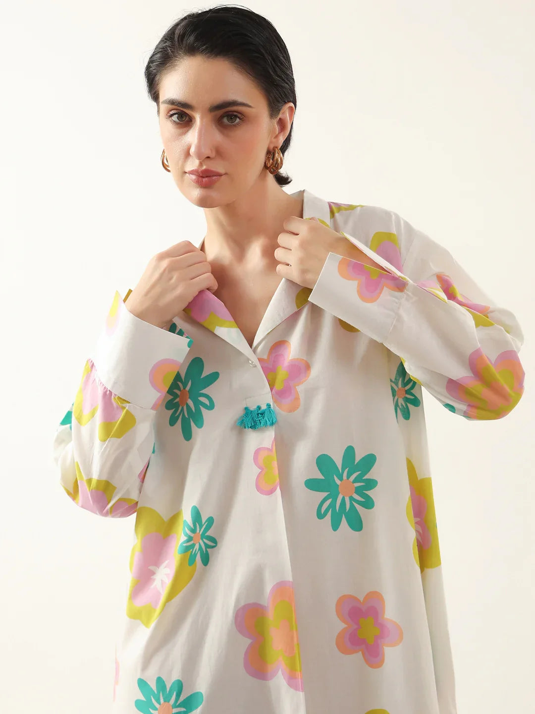 White Color Floral Shirt Collar Dress for Women - SanskrutiHomes
