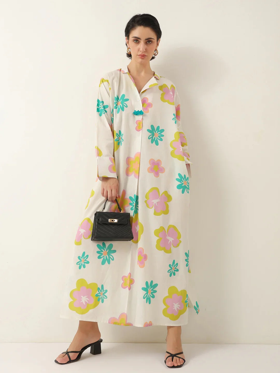 White Color Floral Shirt Collar Dress for Women - SanskrutiHomes