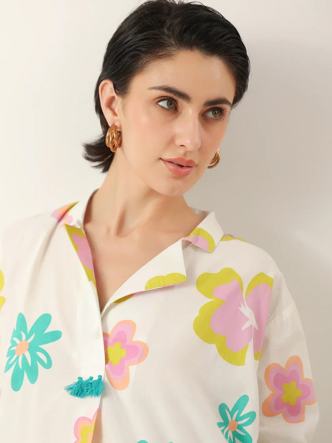 White Color Floral Shirt Collar Dress for Women - SanskrutiHomes
