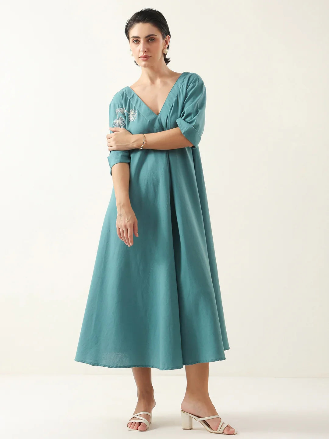 Blue V-Neck Solid Cotton Dress For Women