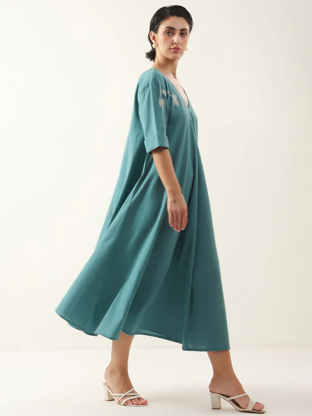 Blue V-Neck Solid Cotton Dress For Women