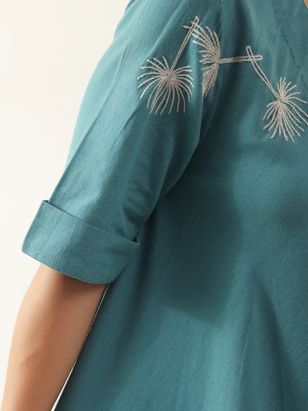 Blue V-Neck Solid Cotton Dress For Women