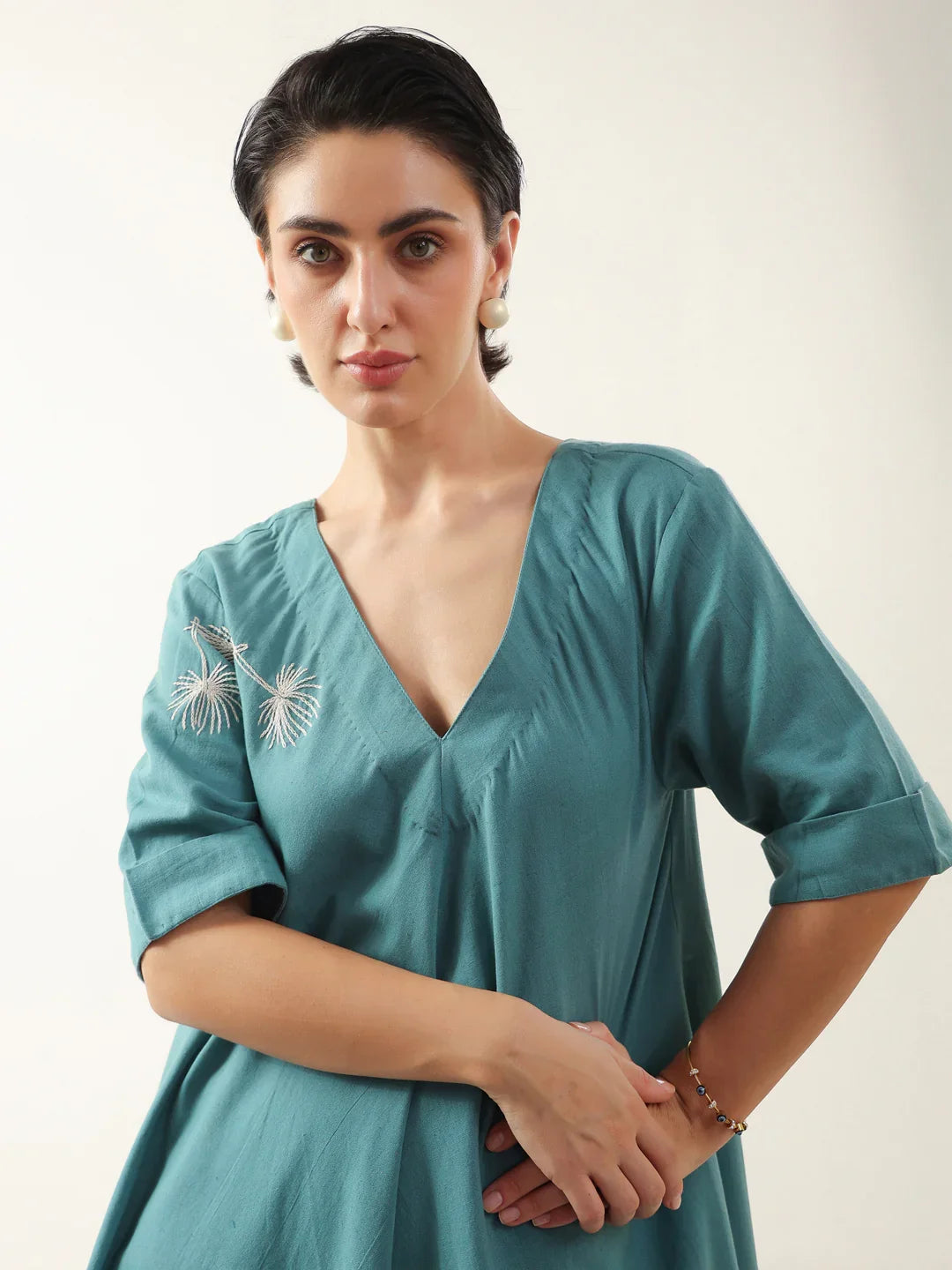 Blue V-Neck Solid Cotton Dress For Women