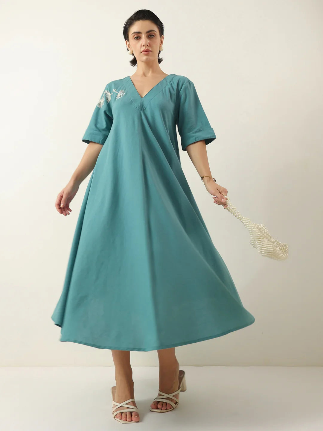Blue V-Neck Solid Cotton Dress For Women