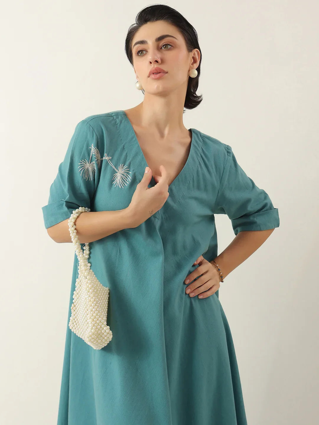 Blue V-Neck Solid Cotton Dress For Women