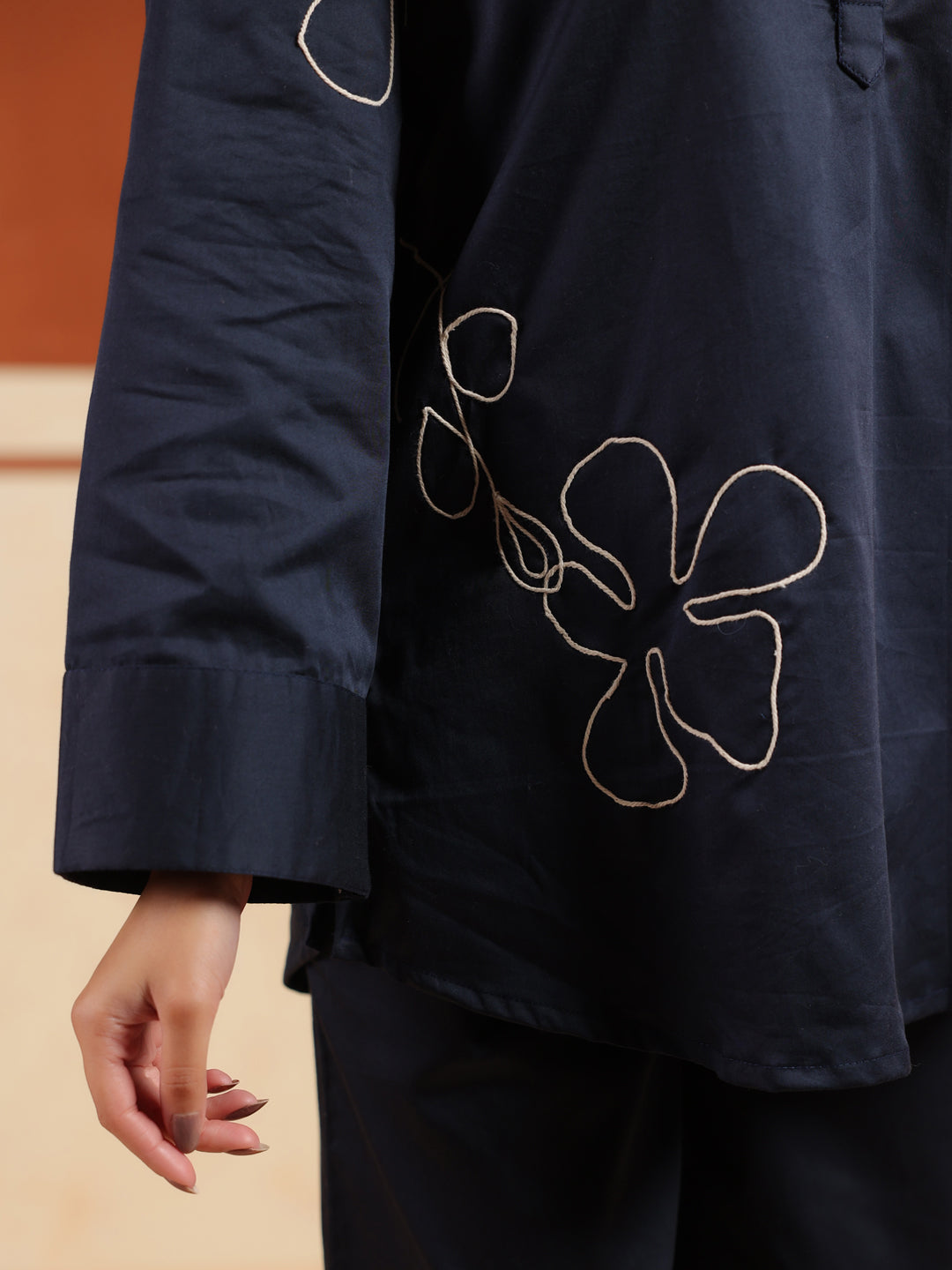 Navy Blue Solid Cotton Blend Shirt Collar Co-Ord Set For Women