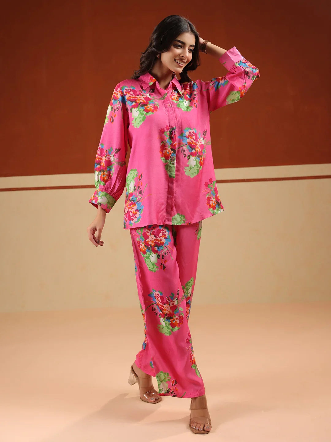 Pink Floral Print Relaxed Shirt and Trousers Co-ords Set - SanskrutiHomes