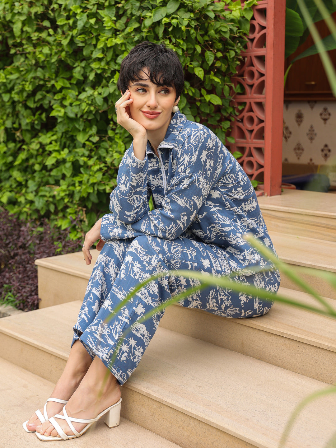 Blue Shirt Collar Pure Cotton Shirt Printed Co-ords Set for Women - SanskrutiHomes