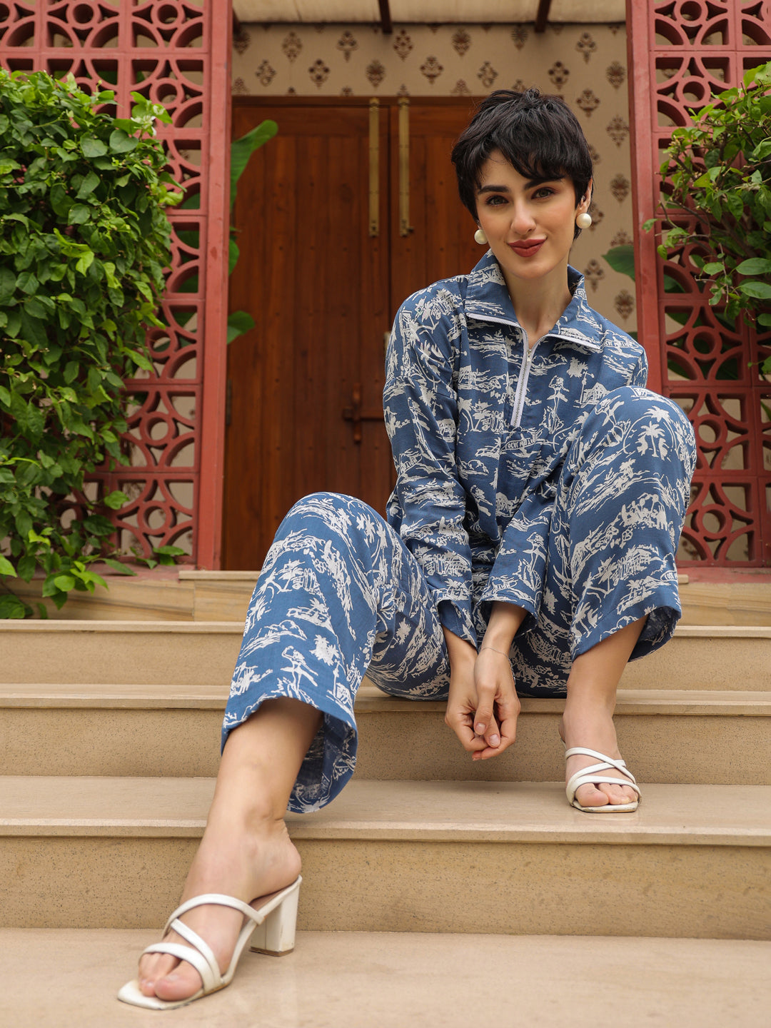 Blue Shirt Collar Pure Cotton Shirt Printed Co-ords Set for Women