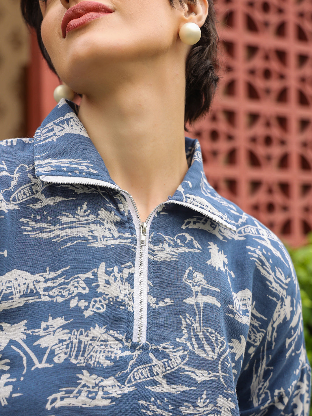 Blue Shirt Collar Pure Cotton Shirt Printed Co-ords Set for Women