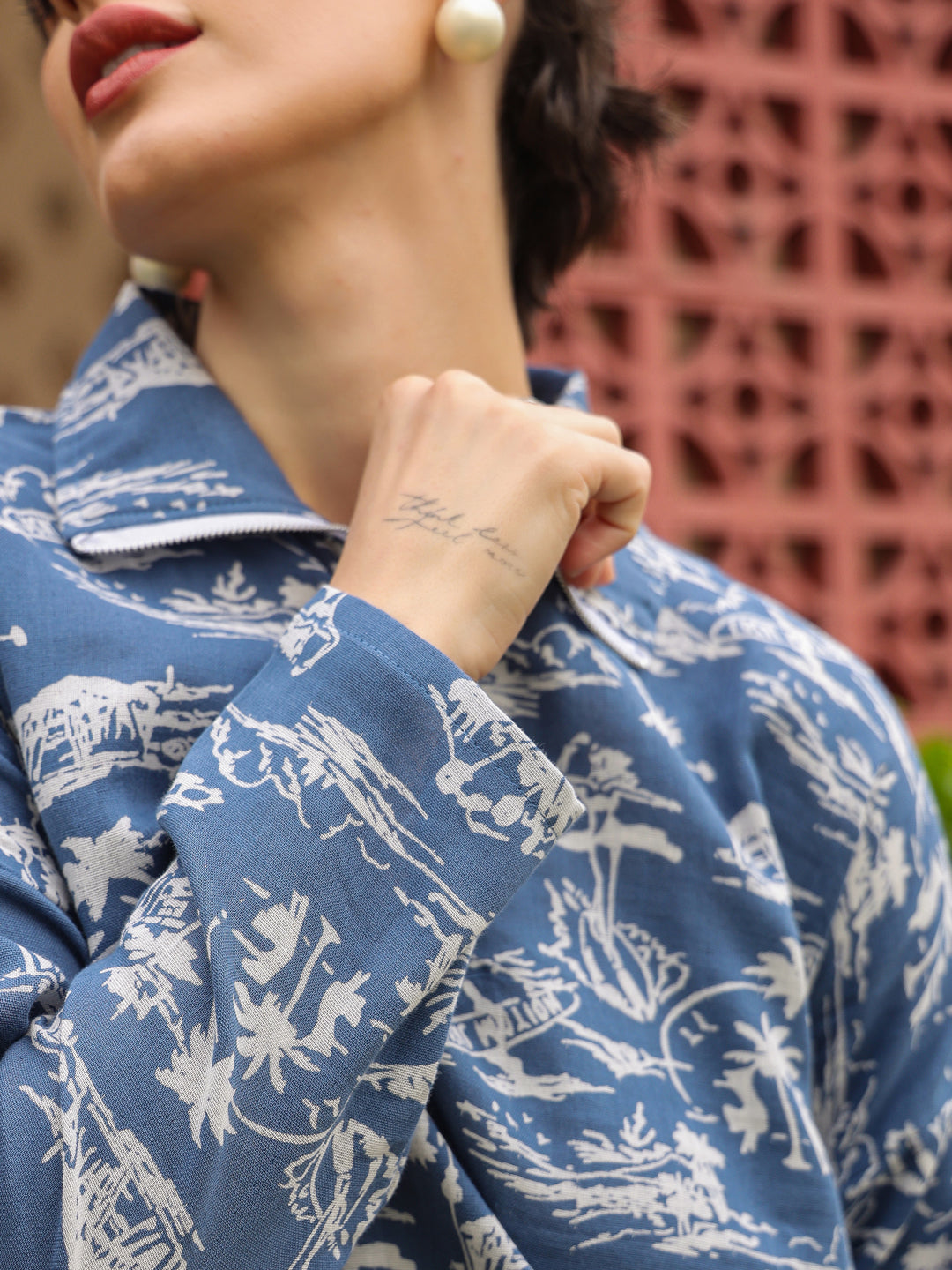 Blue Shirt Collar Pure Cotton Shirt Printed Co-ords Set for Women - SanskrutiHomes