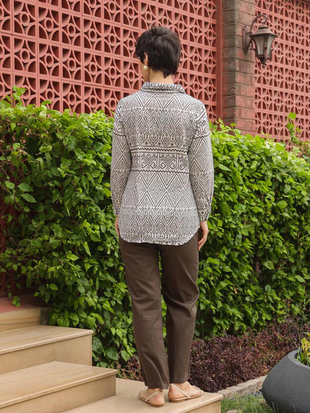 White Shirt Collar Pure Cotton Shirt Printed Co-ords Set for Women