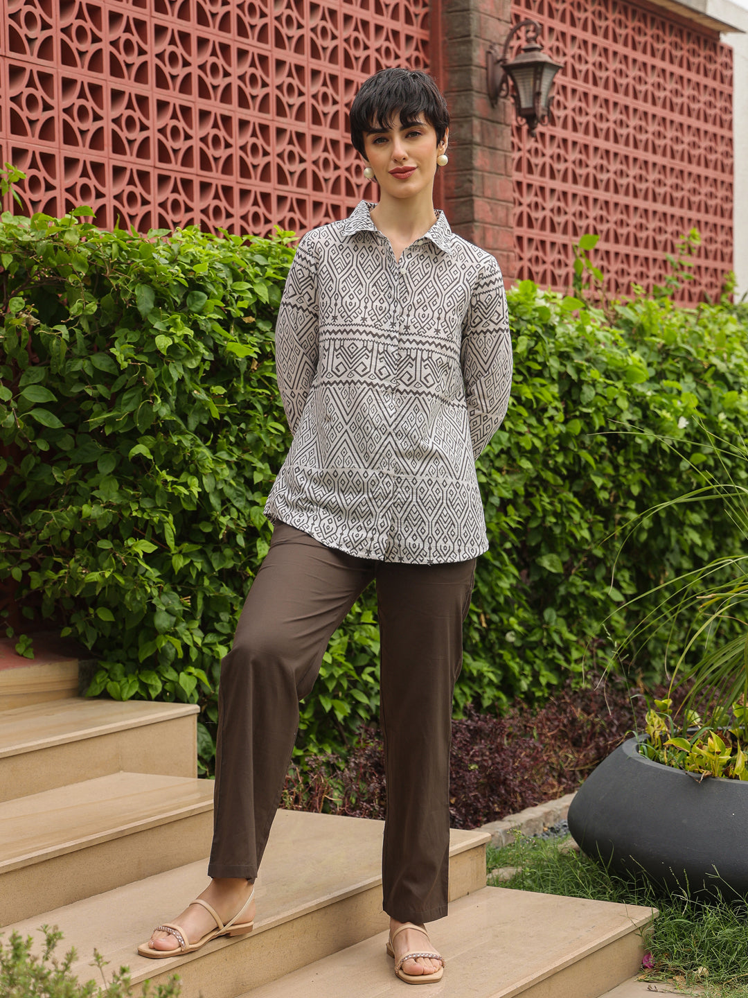 White Shirt Collar Pure Cotton Shirt Printed Co-ords Set for Women - SanskrutiHomes