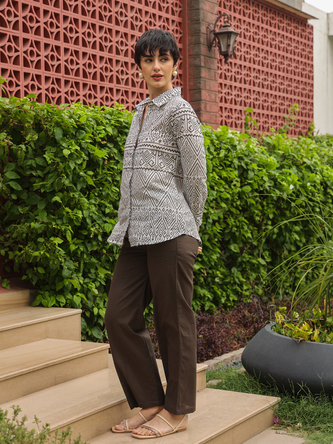 White Shirt Collar Pure Cotton Shirt Printed Co-ords Set for Women