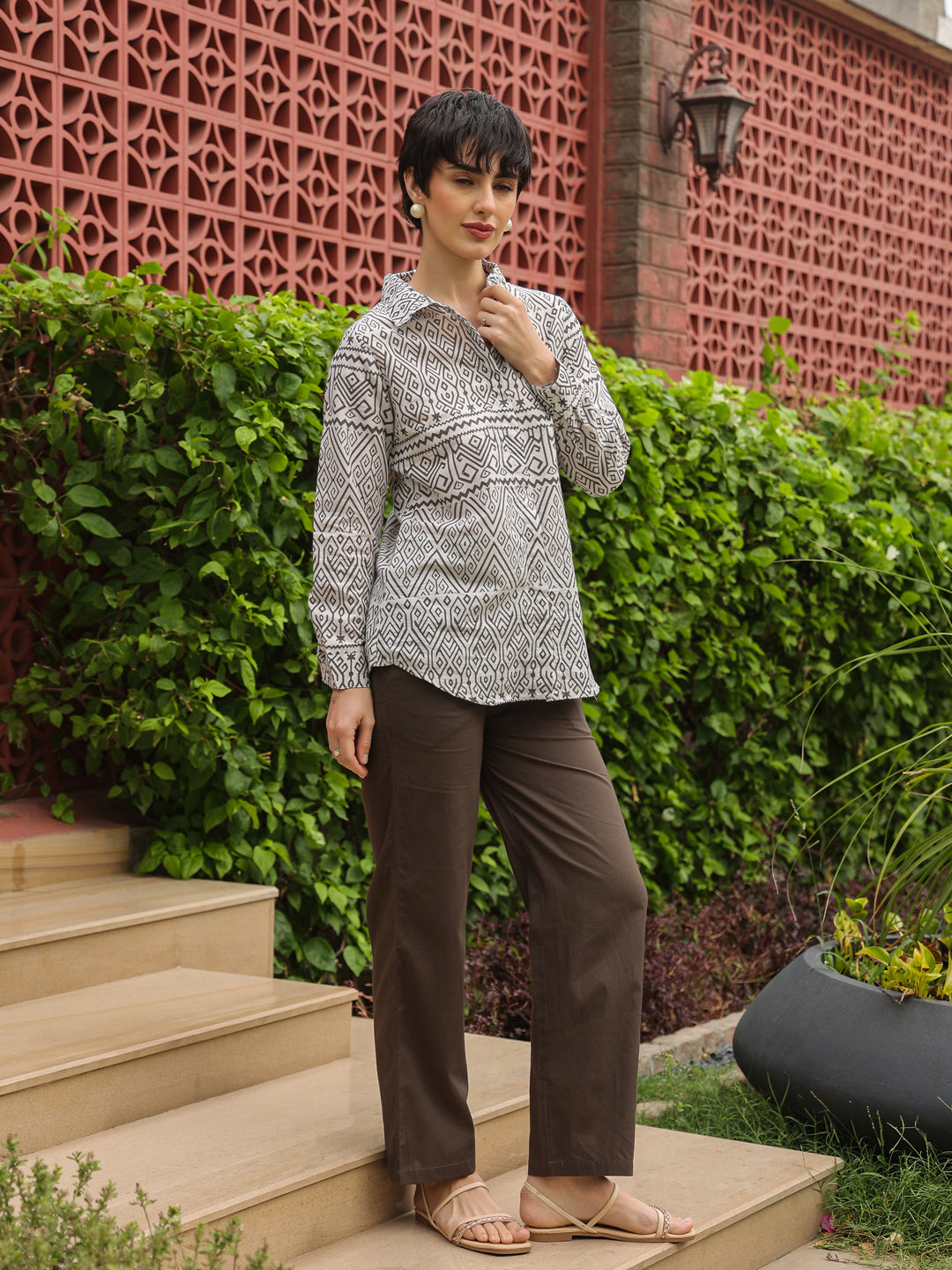 White Shirt Collar Pure Cotton Shirt Printed Co-ords Set for Women