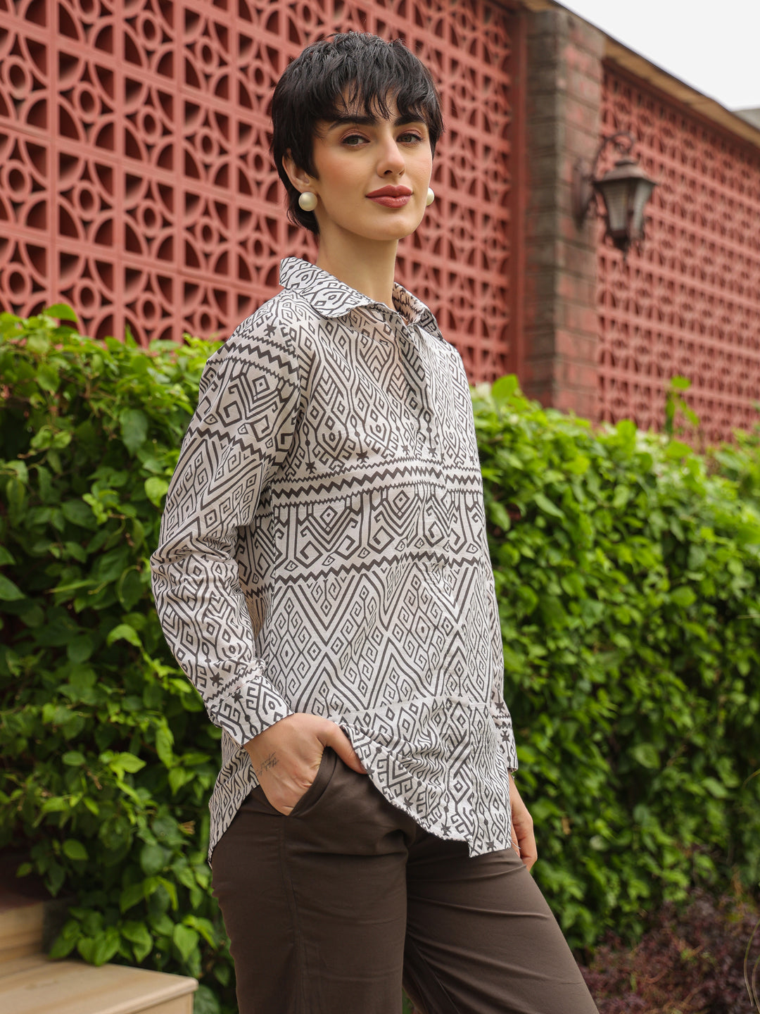 White Shirt Collar Pure Cotton Shirt Printed Co-ords Set for Women