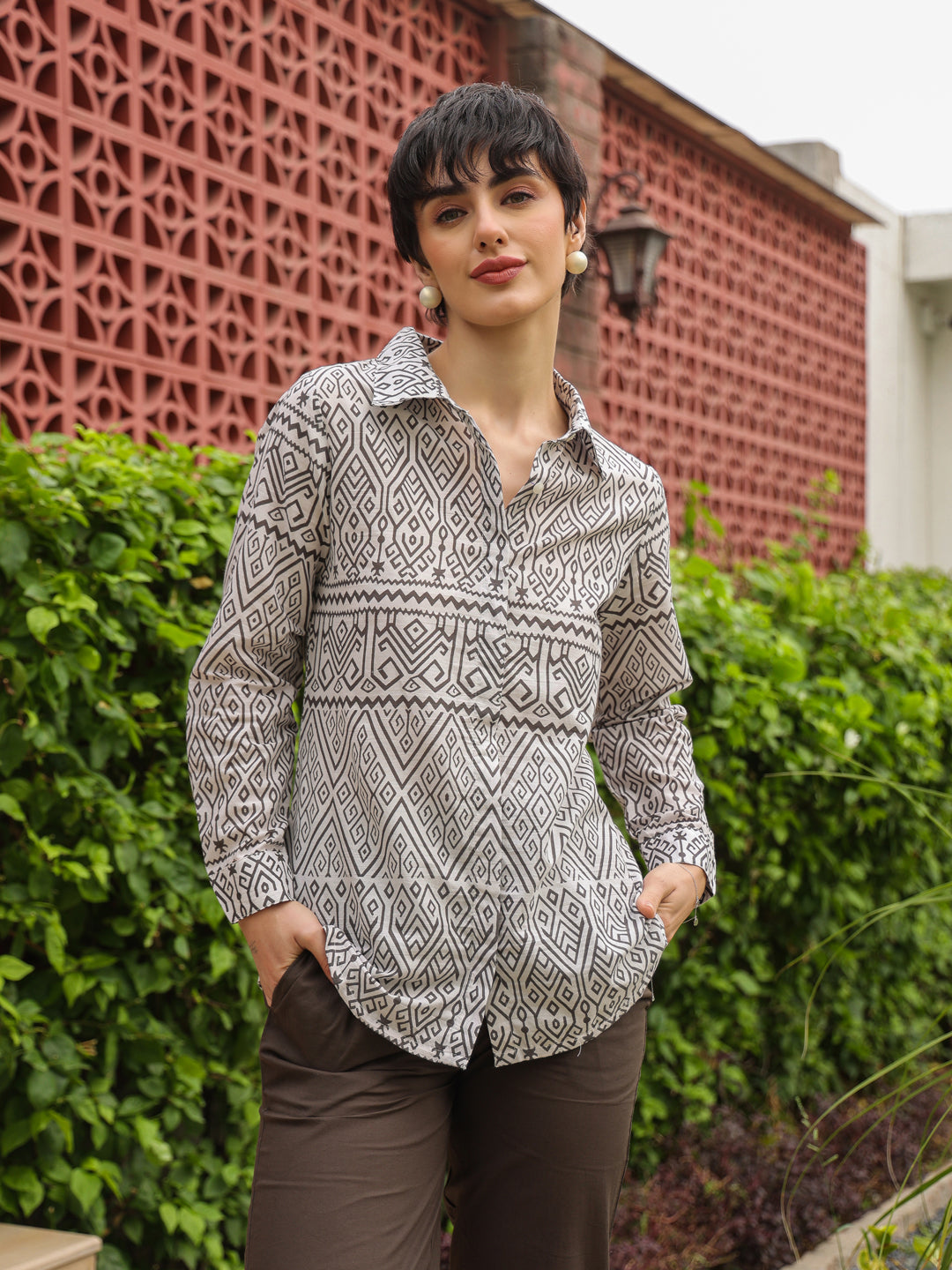 White Shirt Collar Pure Cotton Shirt Printed Co-ords Set for Women - SanskrutiHomes