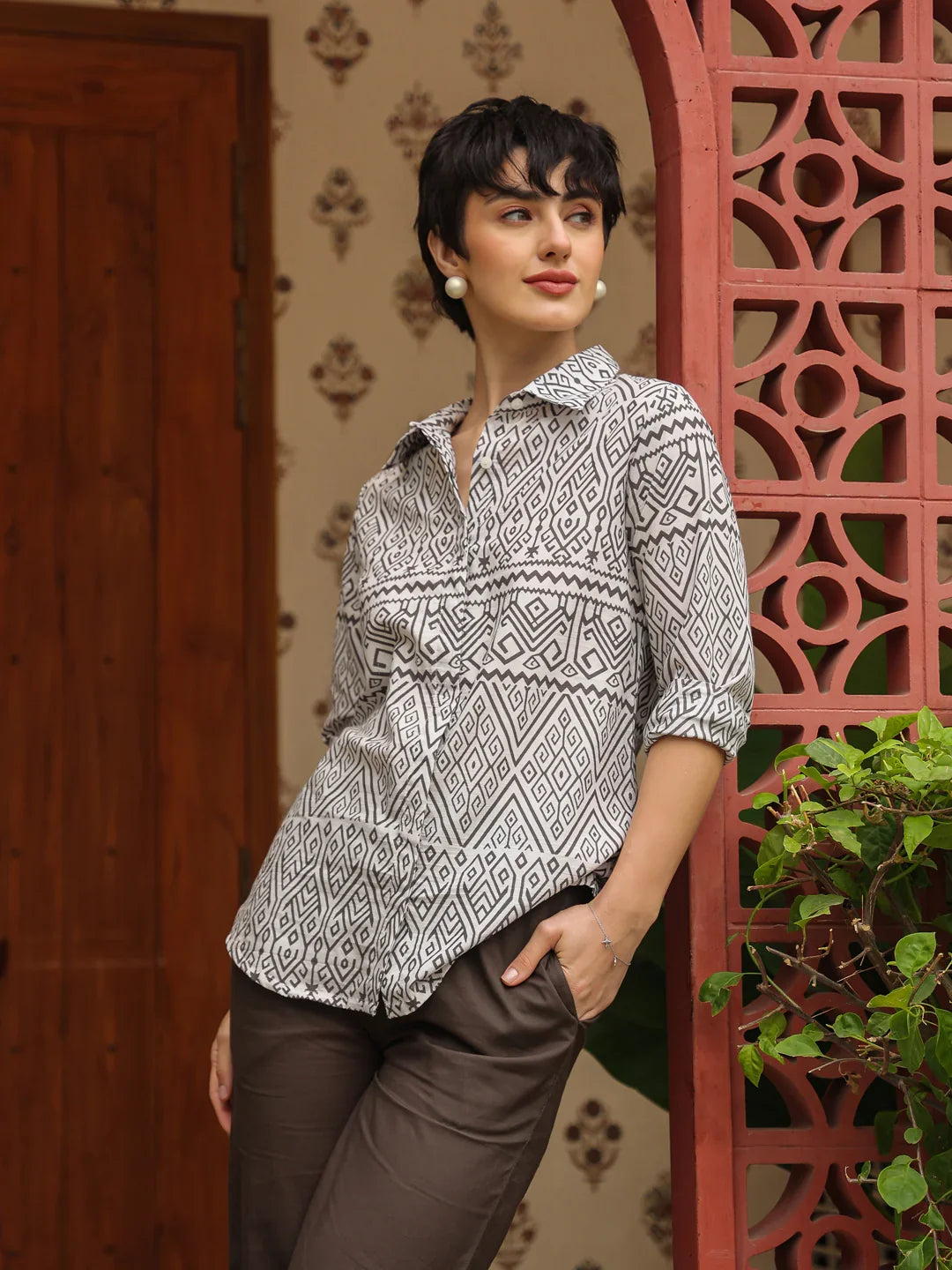 White Shirt Collar Pure Cotton Shirt Printed Co-ords Set for Women - SanskrutiHomes
