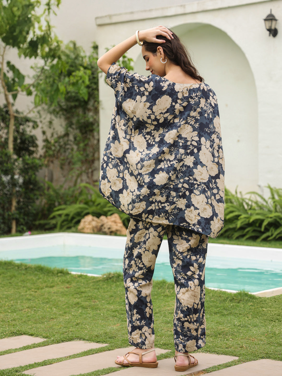 Navy Blue Round Neck Silk Blend Top Printed Co-ords Set for Women
