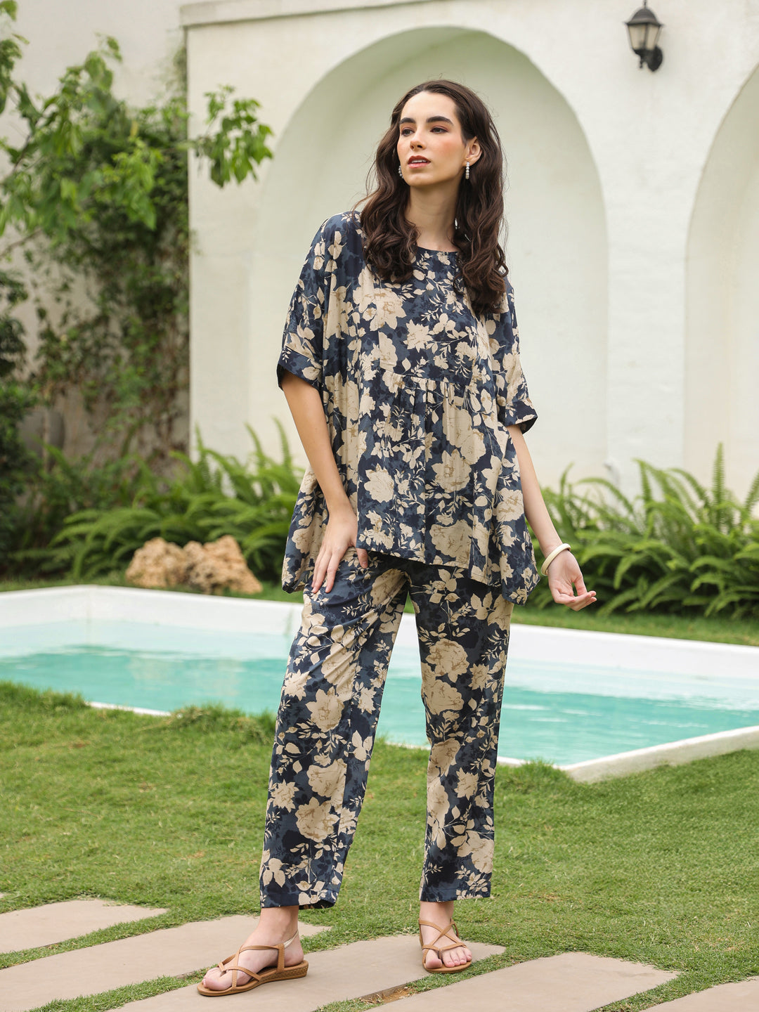 Navy Blue Round Neck Silk Blend Top Printed Co-ords Set for Women