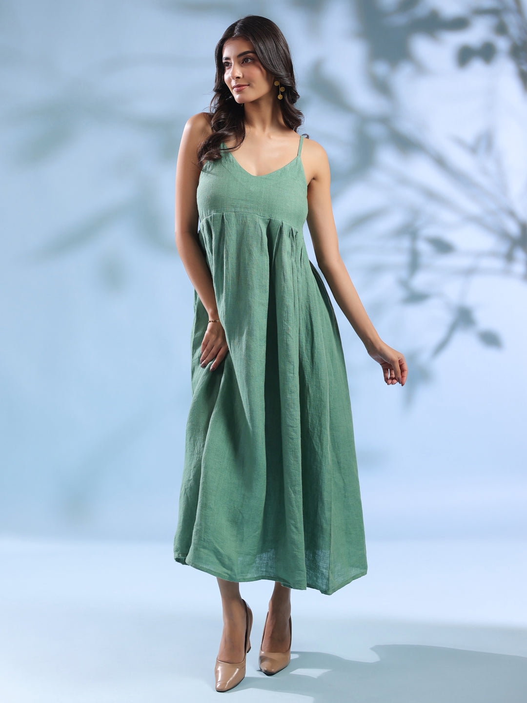 Green Pure Linen Fabric Midi Cami Dress for Women