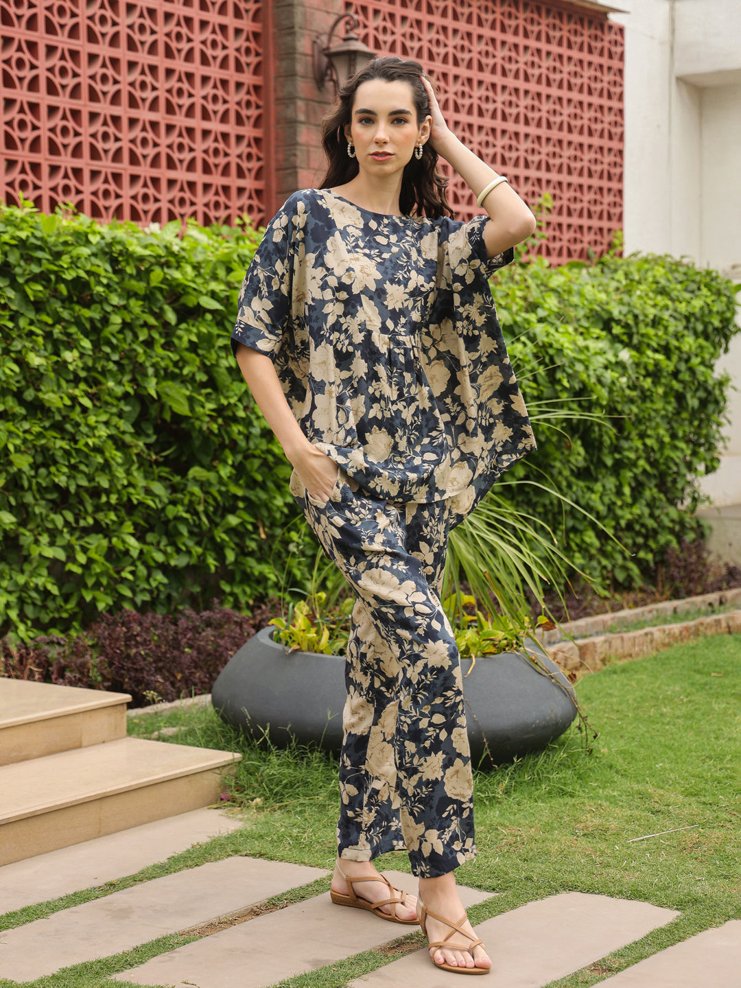 Navy Blue Round Neck Silk Blend Top Printed Co-ords Set for Women - SanskrutiHomes