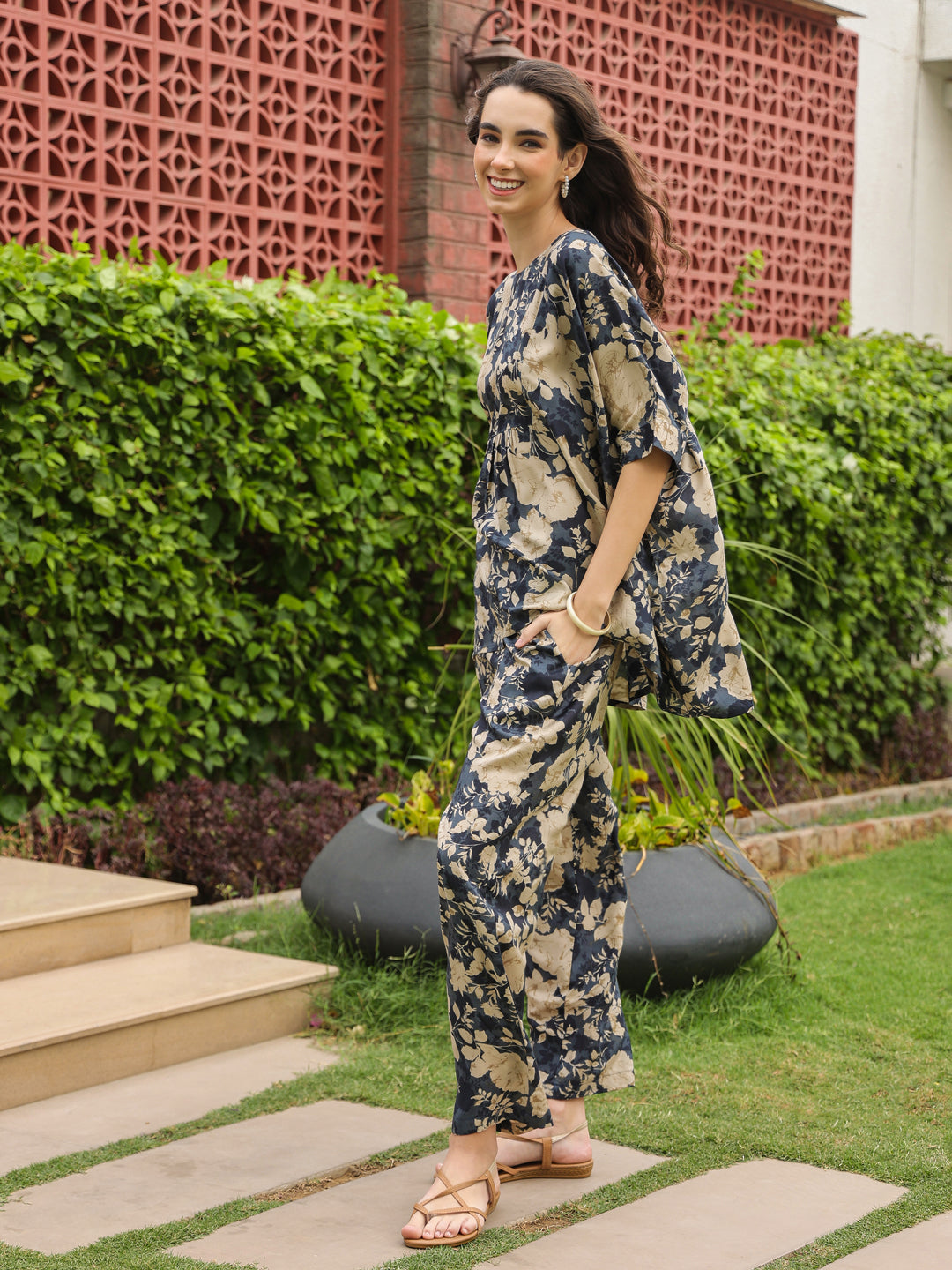 Navy Blue Round Neck Silk Blend Top Printed Co-ords Set for Women