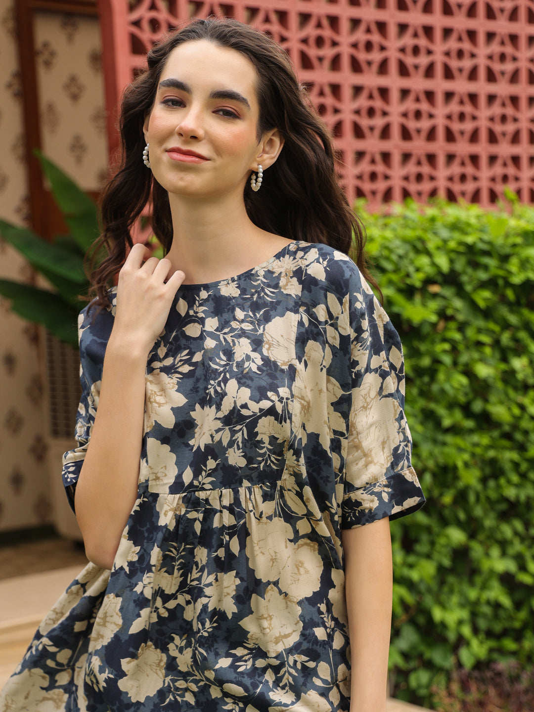 Navy Blue Round Neck Silk Blend Top Printed Co-ords Set for Women