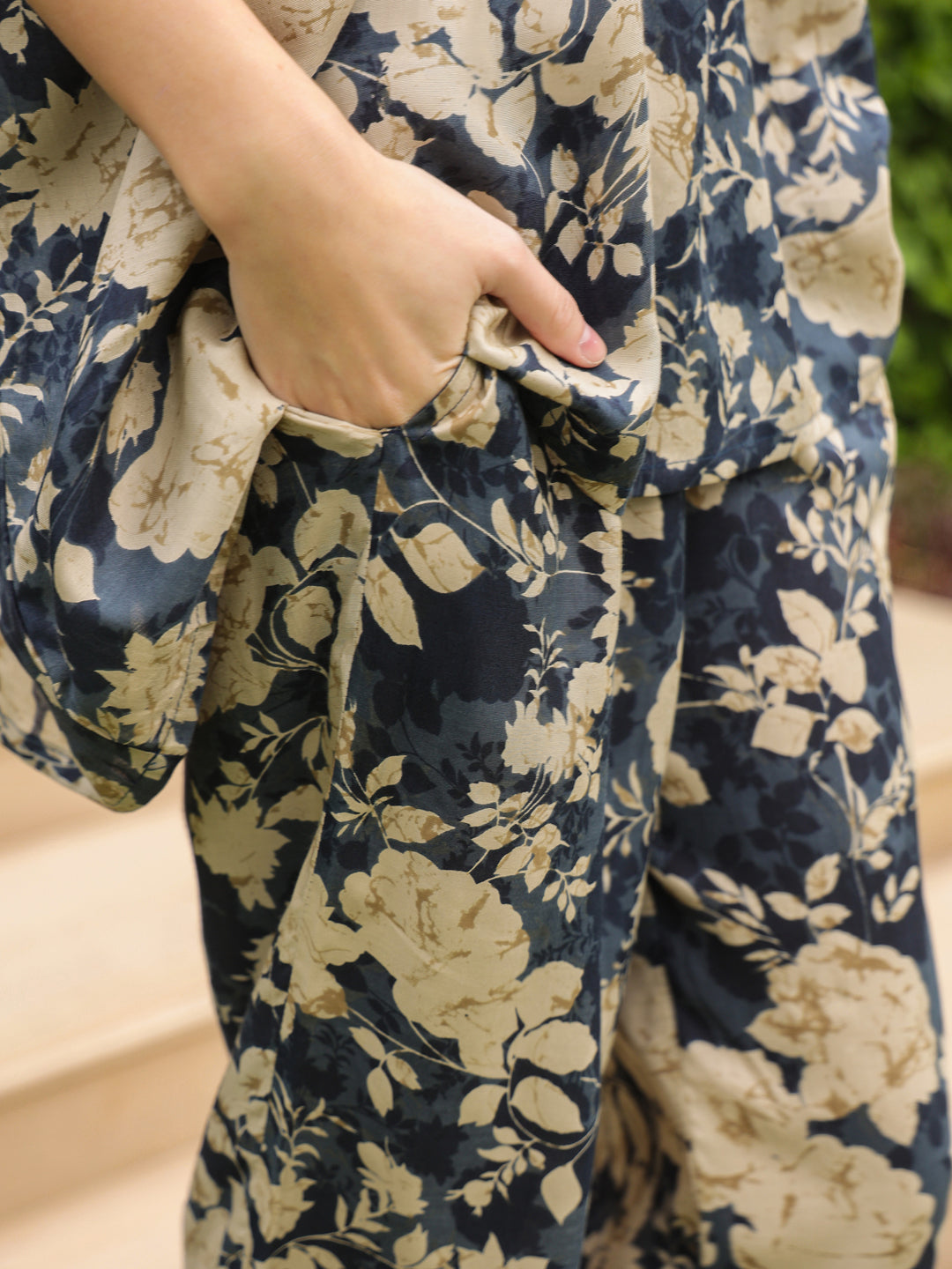 Navy Blue Round Neck Silk Blend Top Printed Co-ords Set for Women