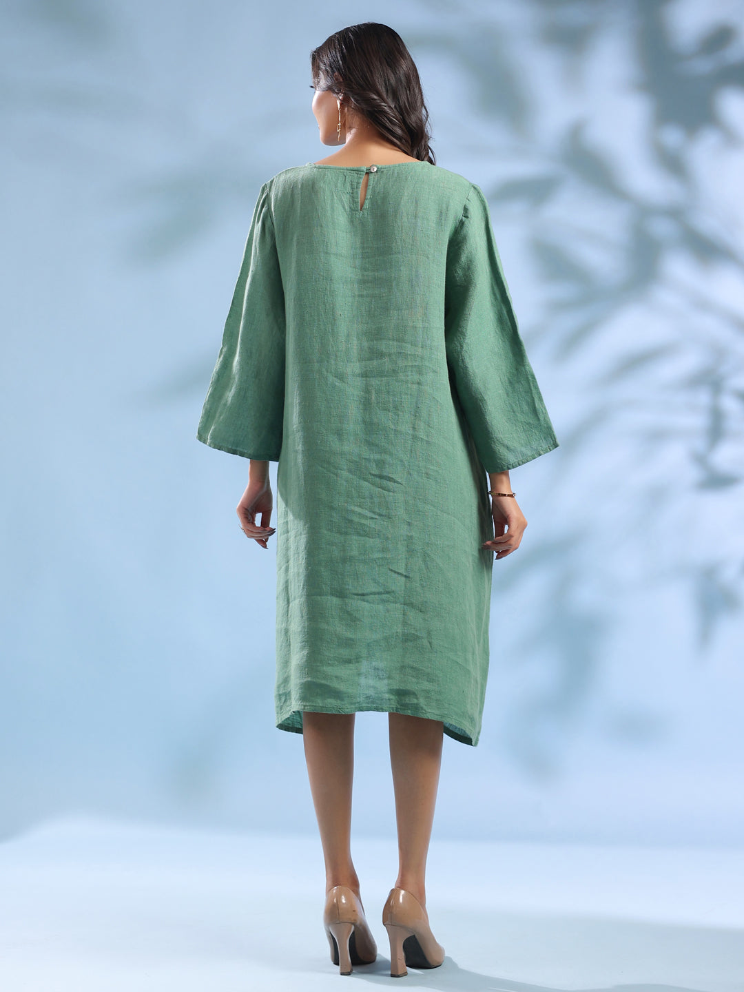 Emerald Green Pure Linen Knee-Length Dress for Women