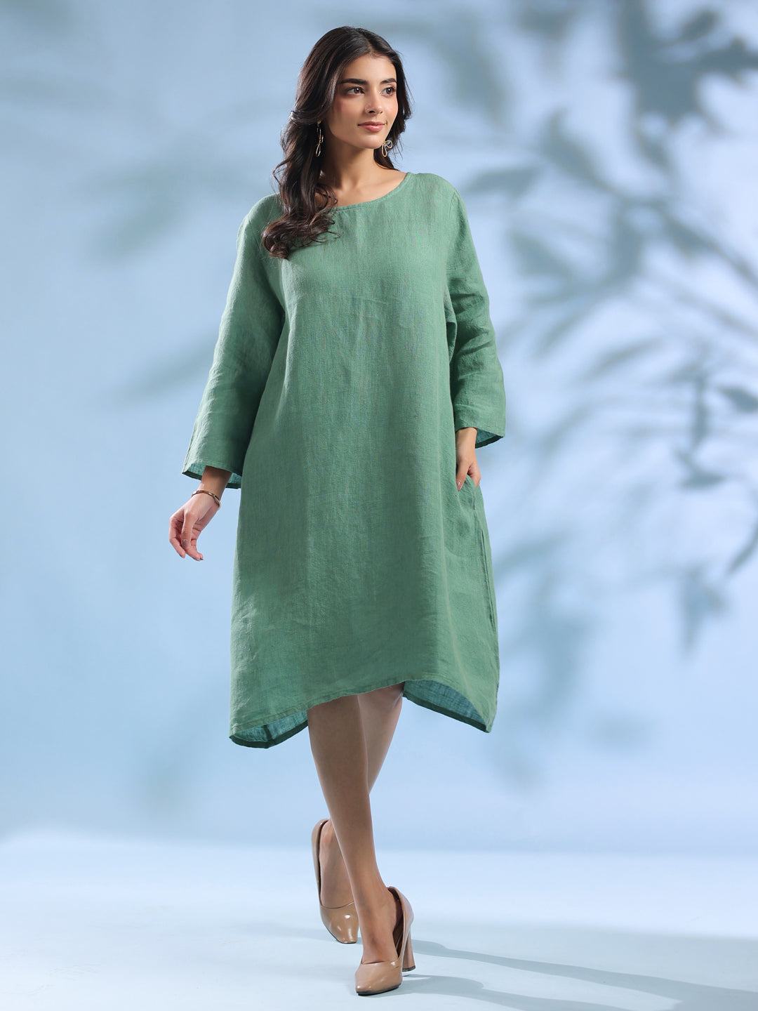 Emerald Green Pure Linen Knee-Length Dress for Women