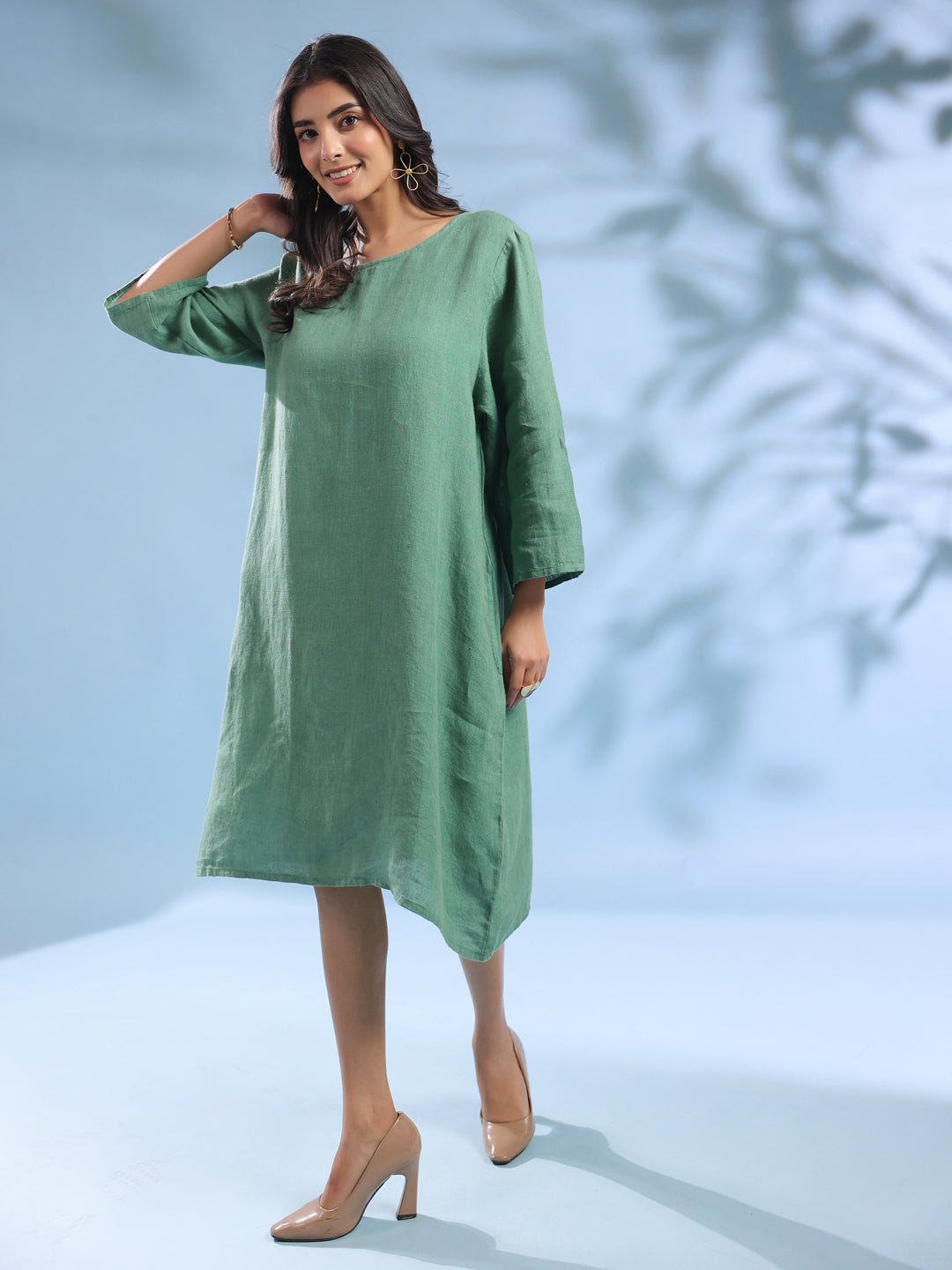Emerald Green Pure Linen Knee-Length Dress for Women