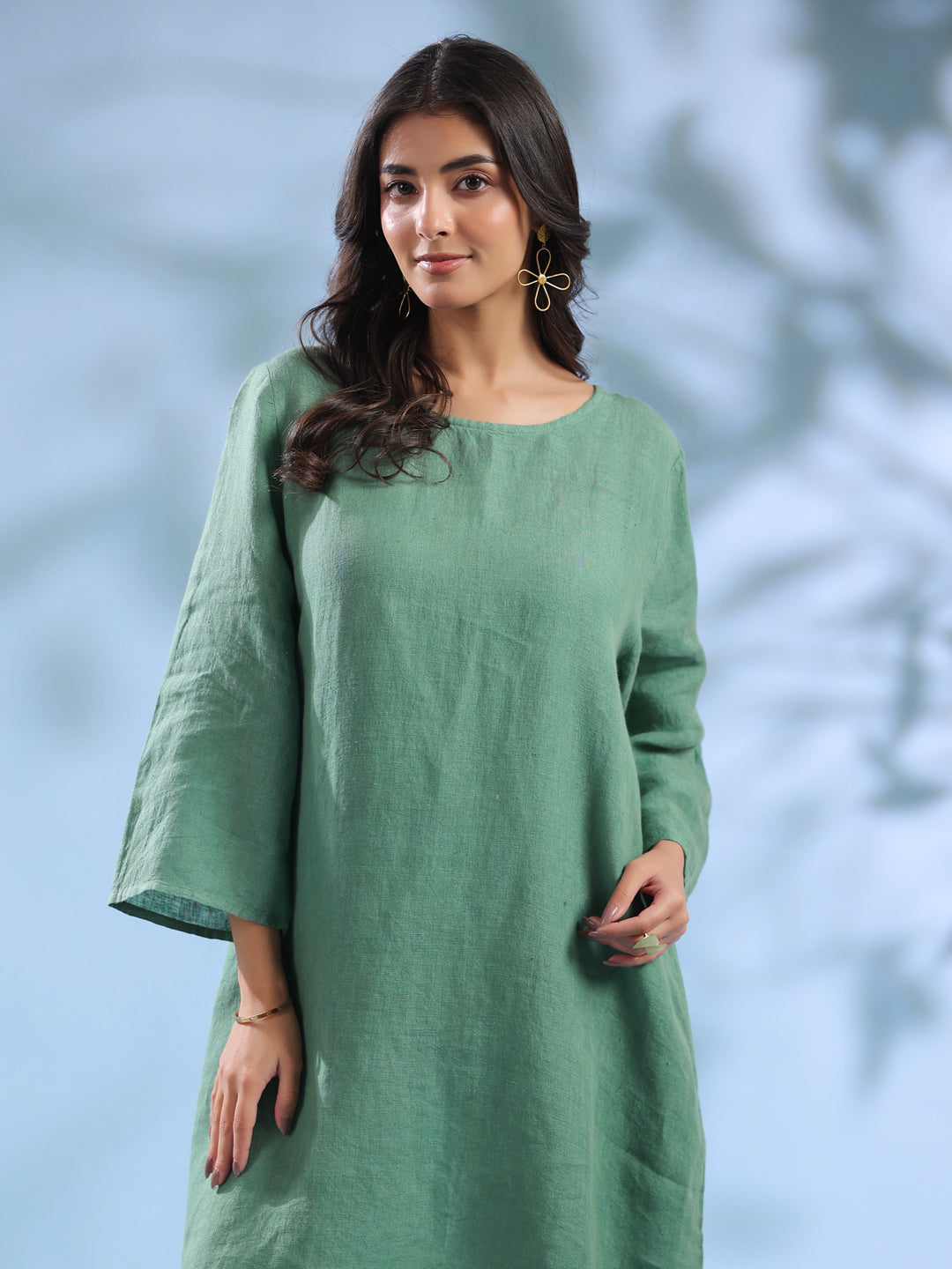 Emerald Green Pure Linen Knee-Length Dress for Women