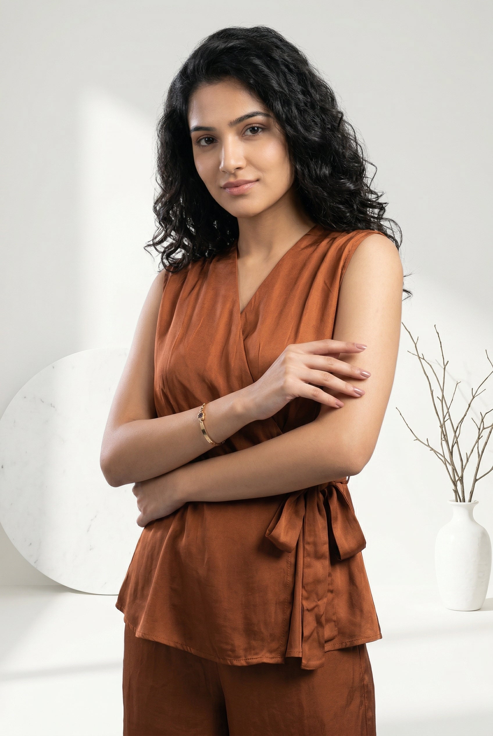 Brown V-Neck Solid Peplum Co-Ord Set For Women