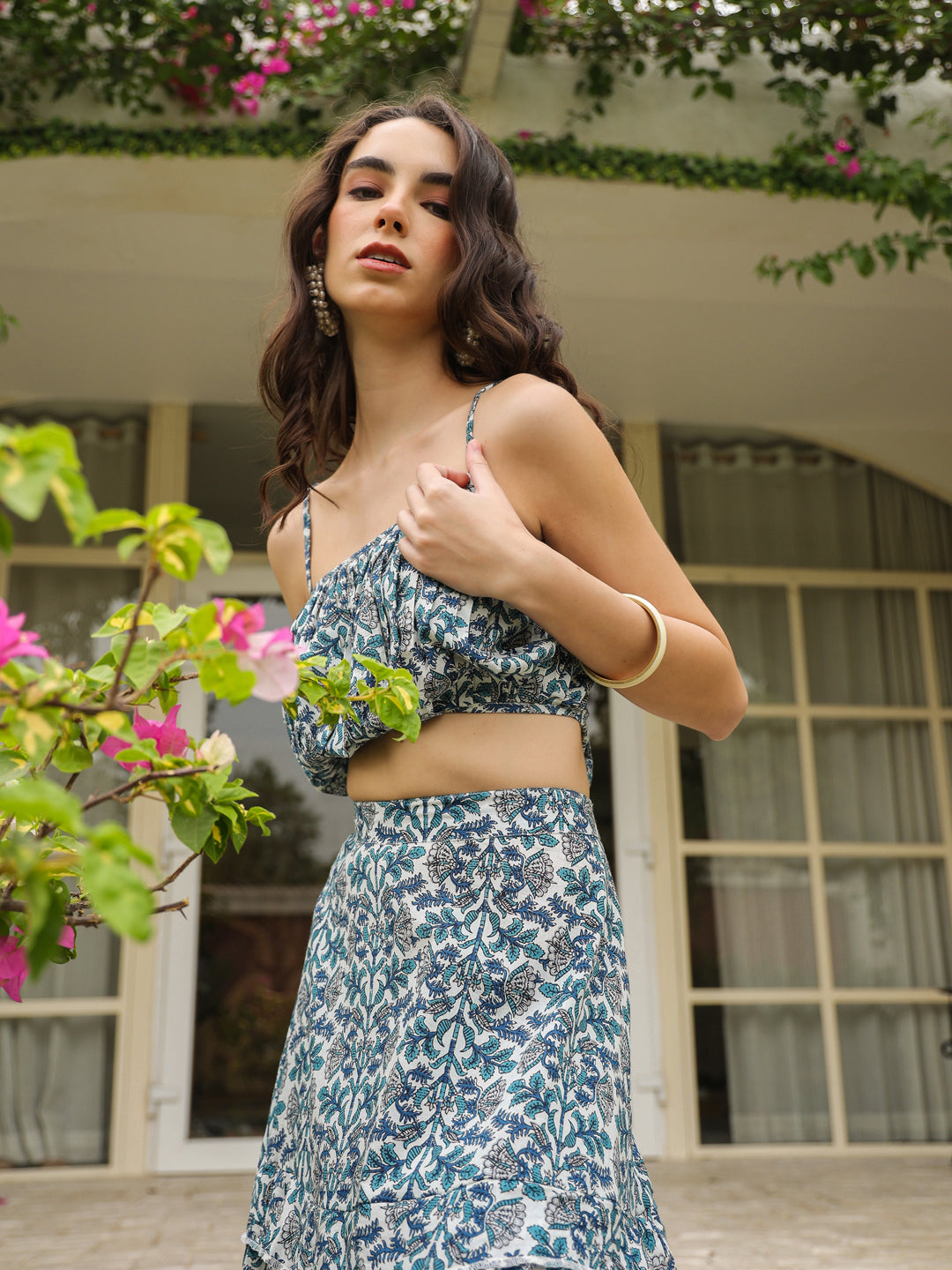 Blue Square Neck Pure Cotton Top Printed Co-Ords Set For Women