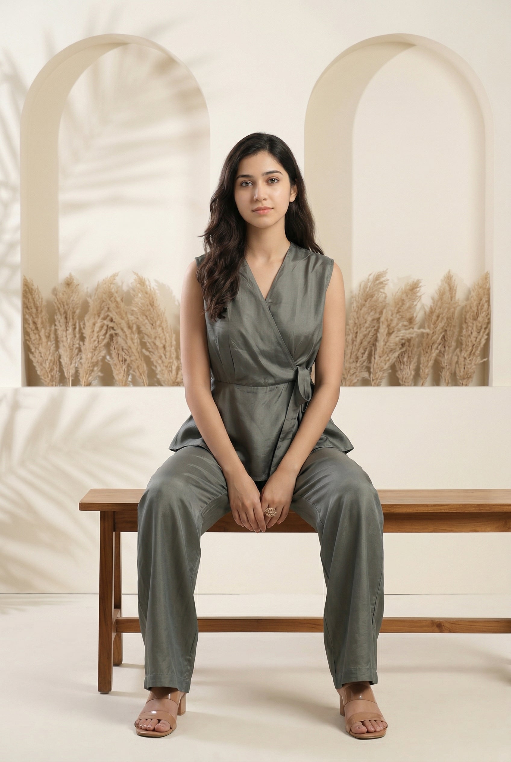 Grey Solid V-Neck Peplum Co-ords Set for Women
