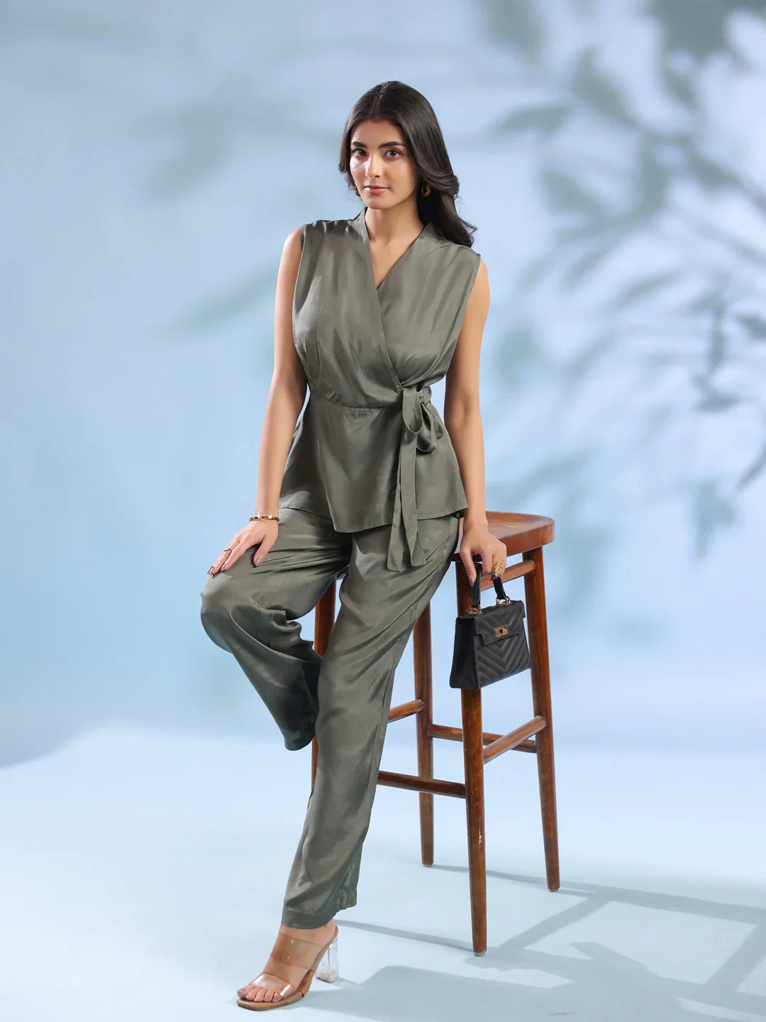 Grey Crossover Solid Winter Co-ord Set for Women - SanskrutiHomes