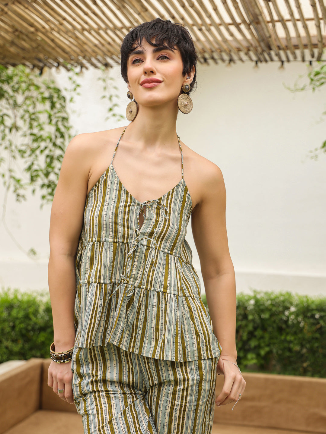 Olive Halter Neck Pure Cotton Top Striped Co-Ords Set For Women