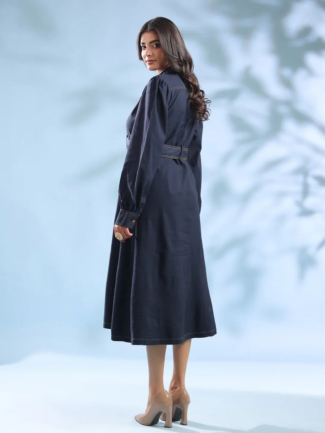 Navy Blue Belted Denim Midi Dress for Women - SanskrutiHomes