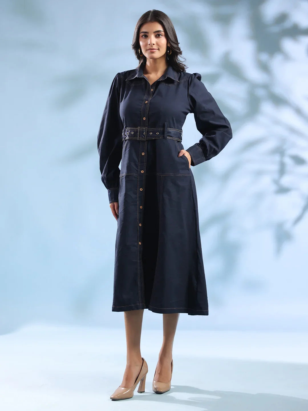 Navy Blue Belted Denim Midi Dress for Women - SanskrutiHomes