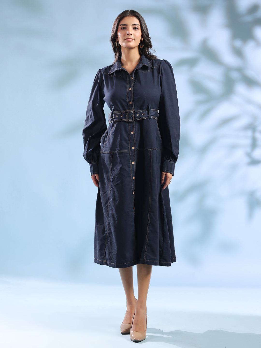 Navy Blue Belted Denim Midi Dress for Women