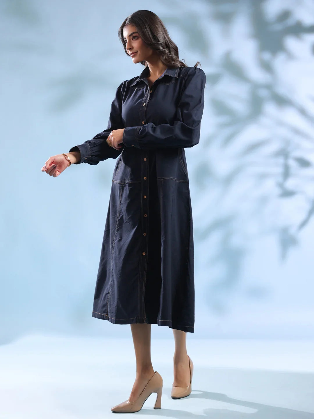 Navy Blue Belted Denim Midi Dress for Women - SanskrutiHomes