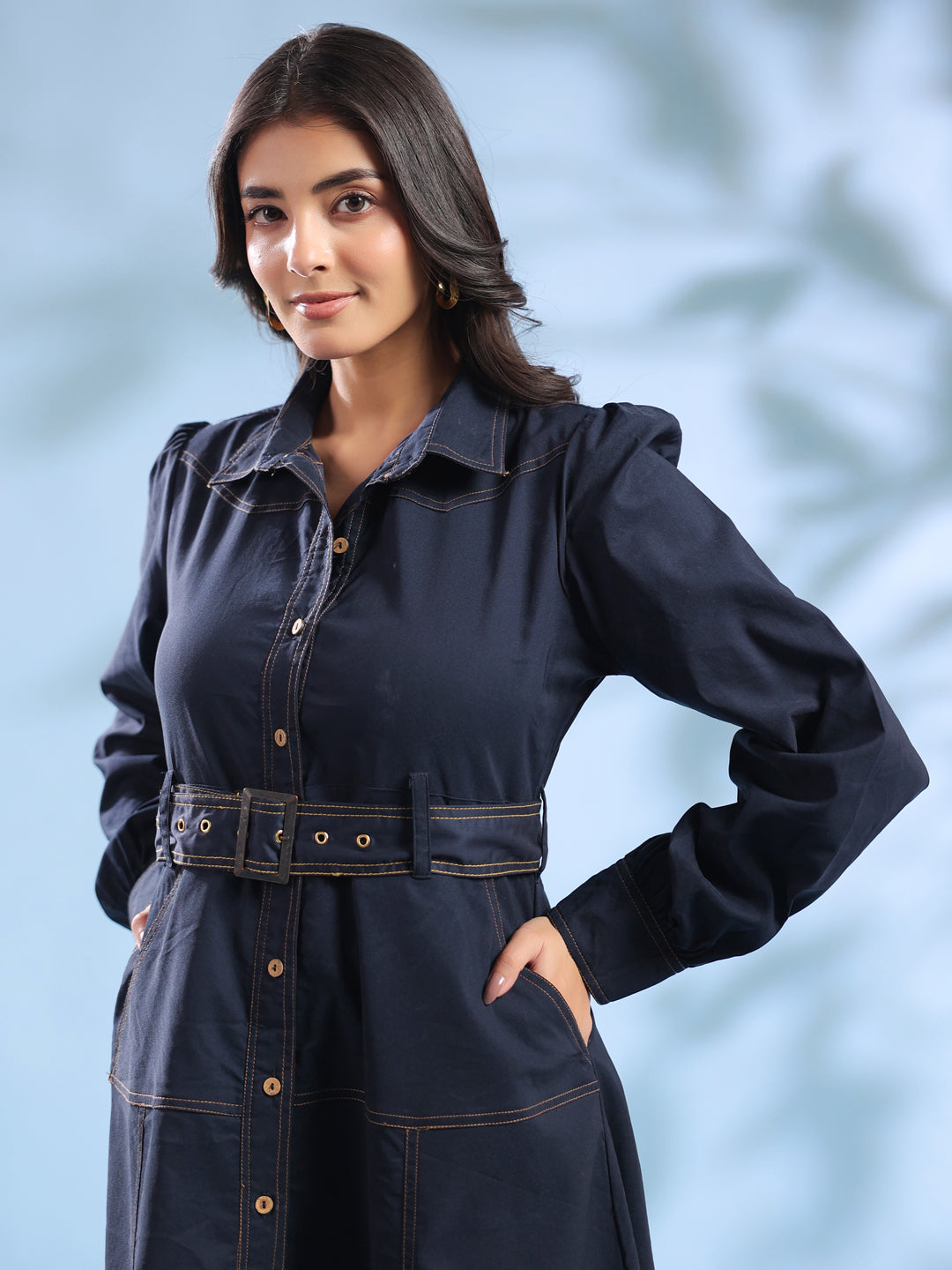 Navy Blue Belted Denim Midi Dress for Women