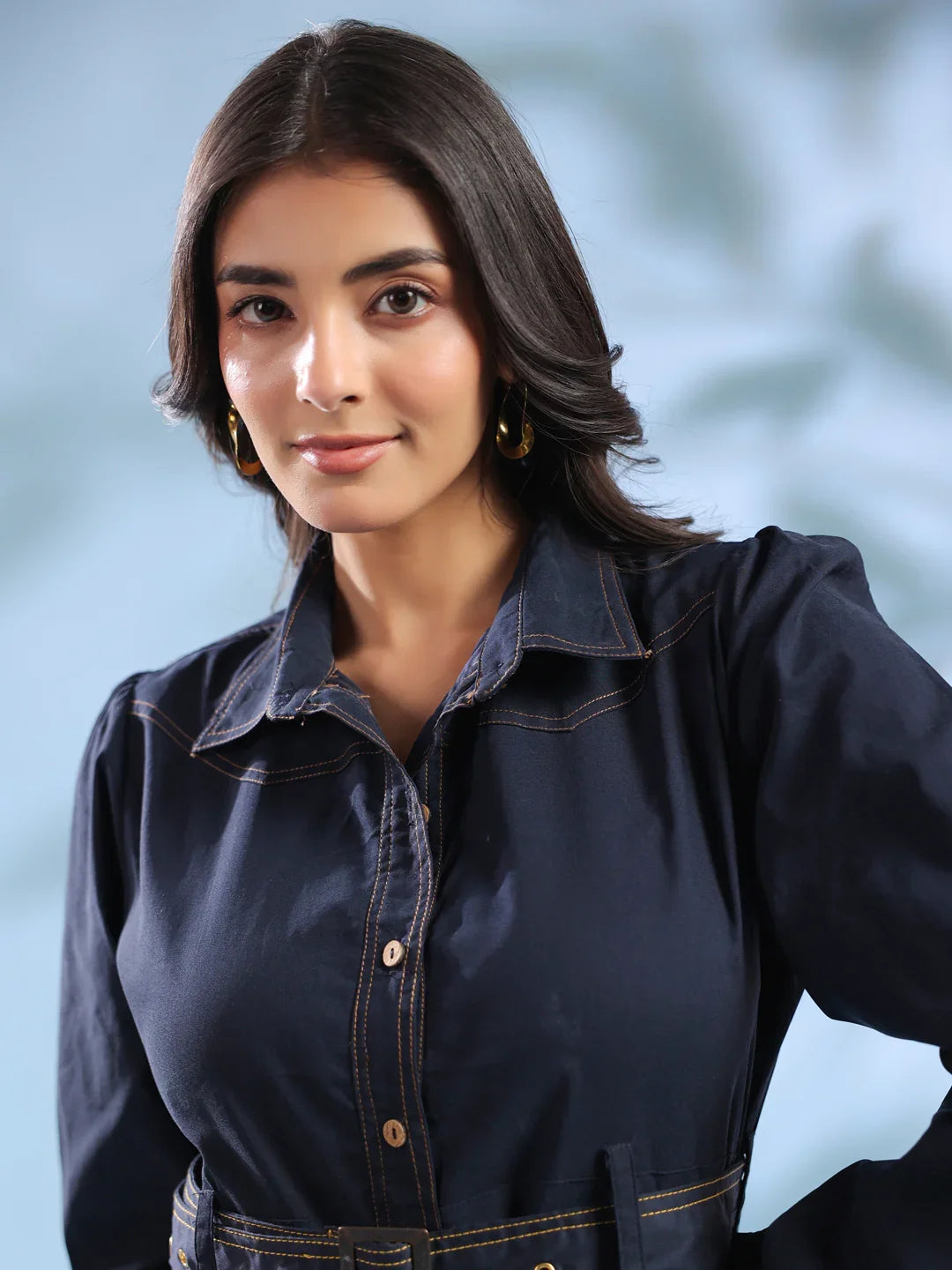 Navy Blue Belted Denim Midi Dress for Women - SanskrutiHomes