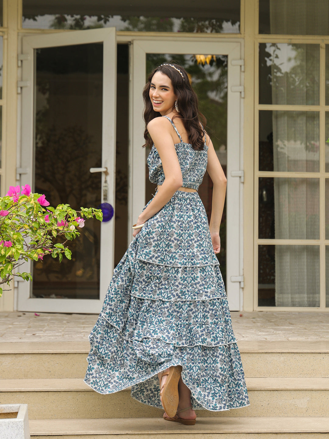 Blue Square Neck Pure Cotton Top Printed Co-Ords Set For Women