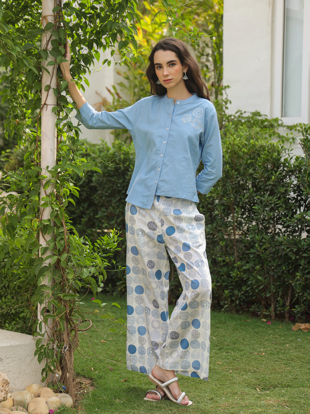 Blue Mandarin Collar Pure Cotton Shirt Dyed Co-ords Set for Women