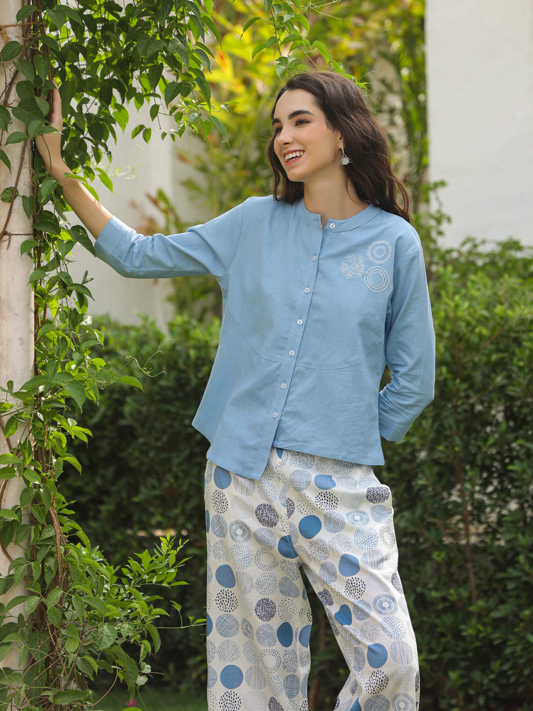 Blue Mandarin Collar Pure Cotton Shirt Dyed Co-ords Set for Women