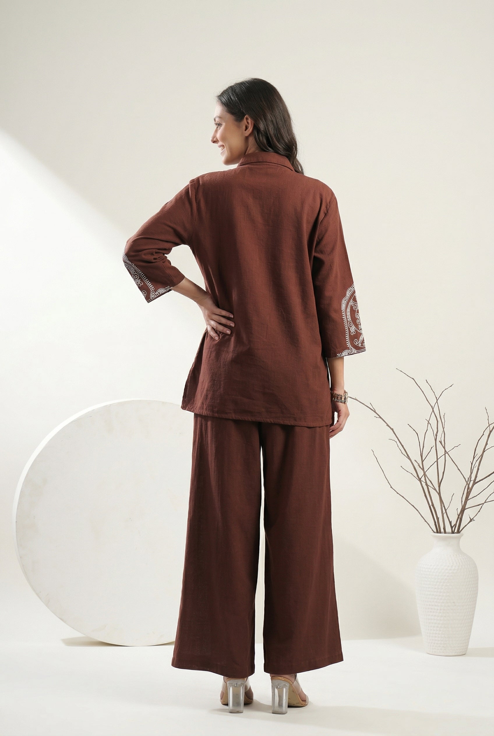 Brown Shirt Collar Dyed Pure Cotton Co-Ord Set For Women